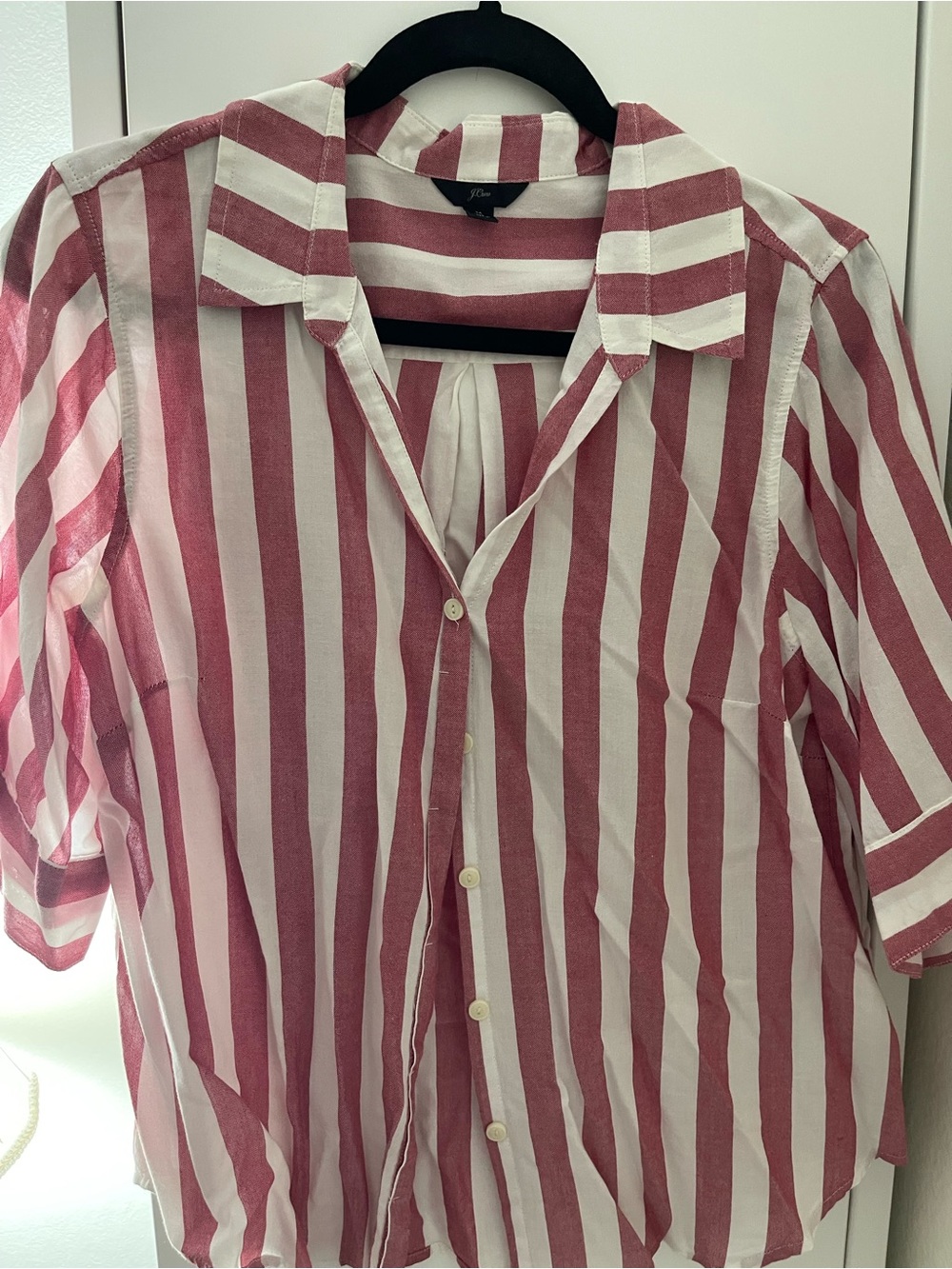J. Crew Pink and White Vertical Stripe Short-Sleeve Button-Up